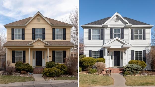 A Split View Of Two Charming Houses Showcasing Different Exterior Colors One Beige And The Other White Under Clear Blue Skies Photo 2