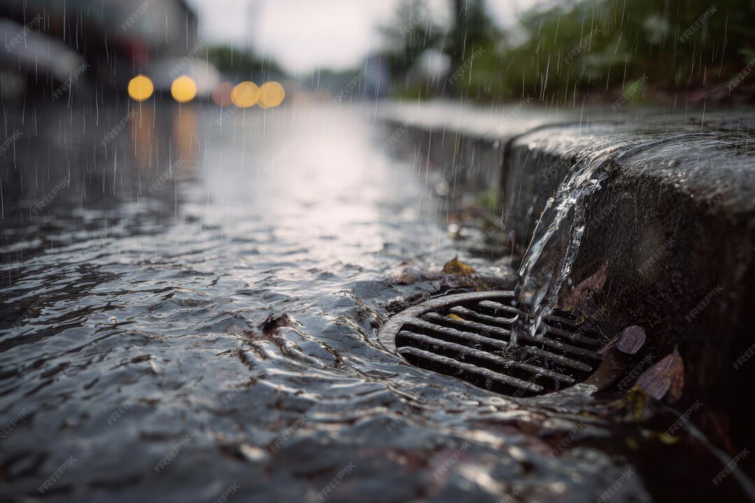 Heavy Rain Causes Water Flow Into Street Drain Dusk Urban Area 260899 12406 2